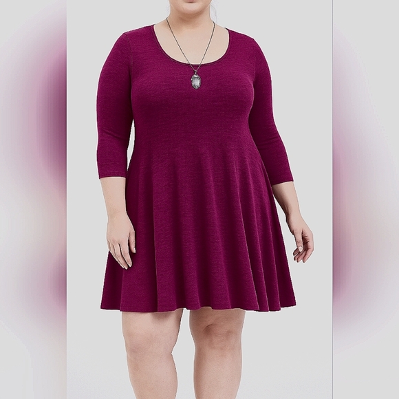 Torrid Wine Burgundy hacci Knit 3/4 fluted skater Dress 18 20 2x - Picture 1 of 9